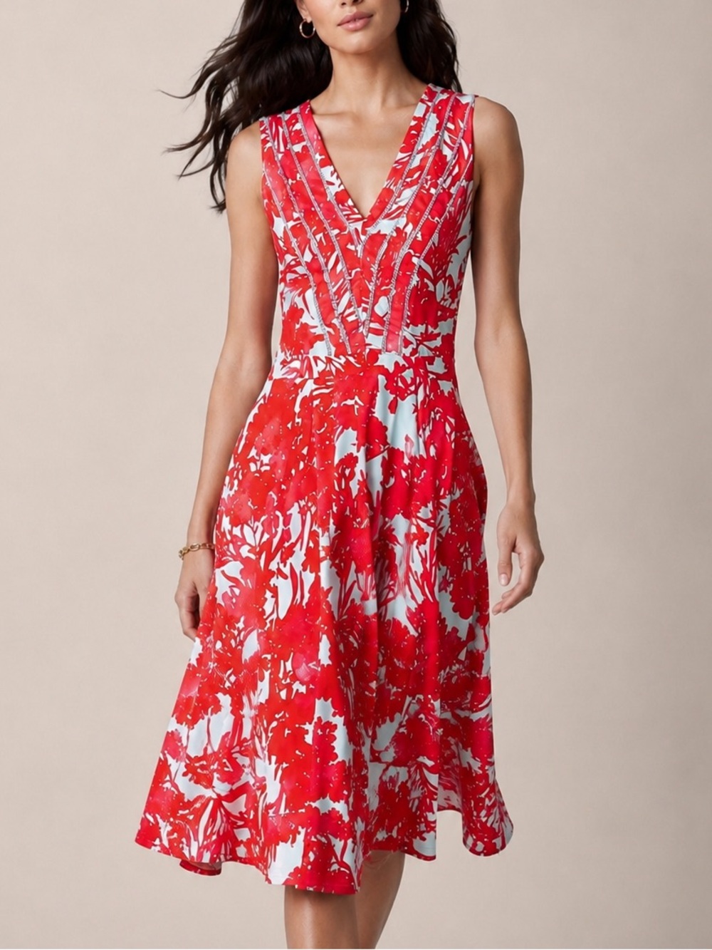 Banana Republic V-Neck Sleeveless Fit & Flare Red Aqua Floral Midi Dress, Size 4